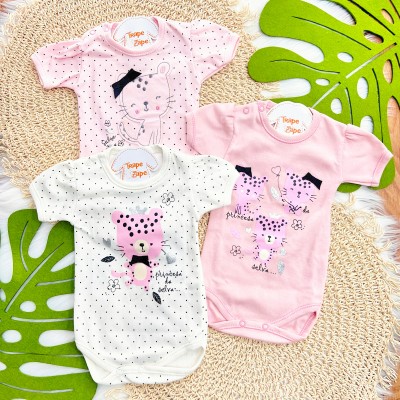 Kit 3 Peças - Bodys Manga Curta Oncinhas - Rosa, Rose e Off White